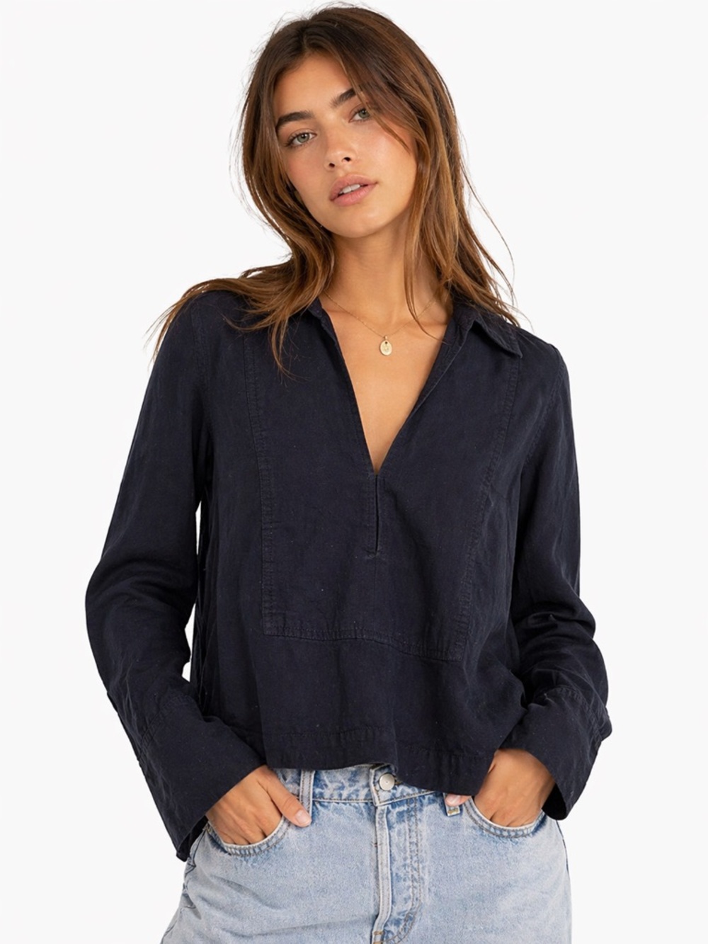 Free People Navy Linen Blend Popover Blouse Relaxed
Boho Oversized Top XS
